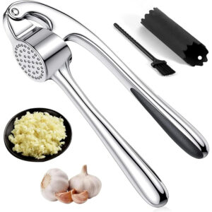 2-in-1 garlic press and ginger squeezer made of zinc alloy, angled view