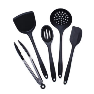 5-piece black silicone kitchen utensil set with stainless steel handles