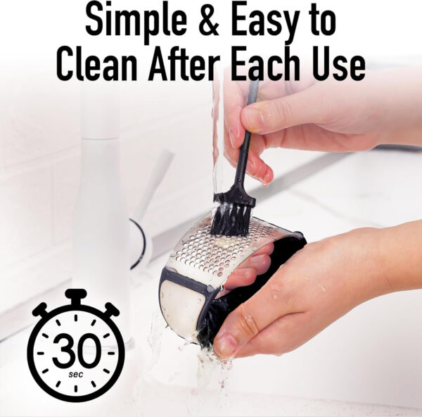 Garlic press set displayed on kitchen counter with garlic cloves