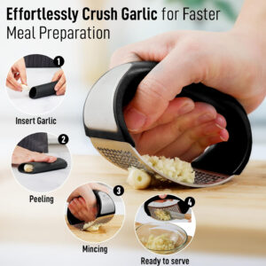 Small cleaning brush removing garlic residue from garlic press