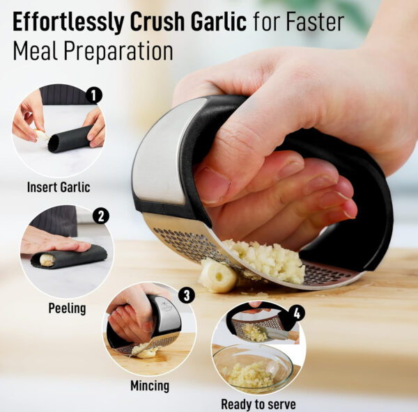 Small cleaning brush removing garlic residue from garlic press