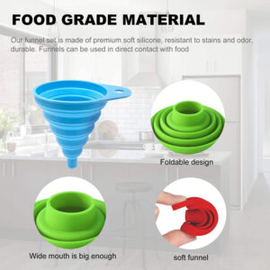 Colorful silicone kitchen funnels on kitchen counter with ingredients