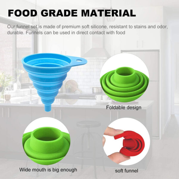 Colorful silicone kitchen funnels on kitchen counter with ingredients