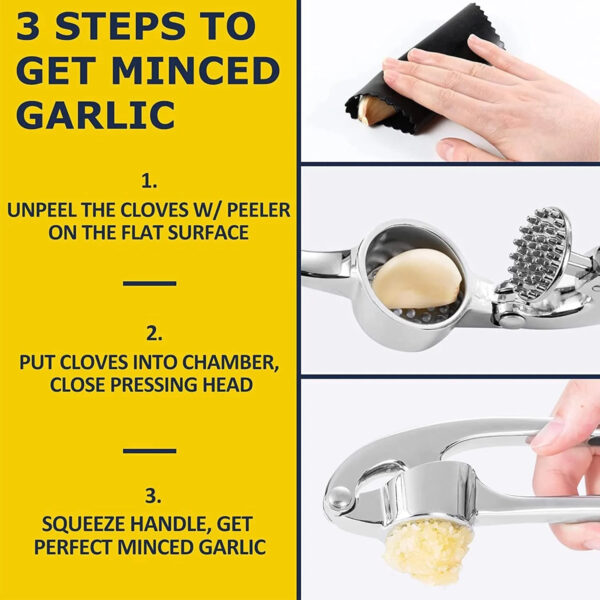 Open garlic press showing hinge and built-in cleaner for easy cleaning