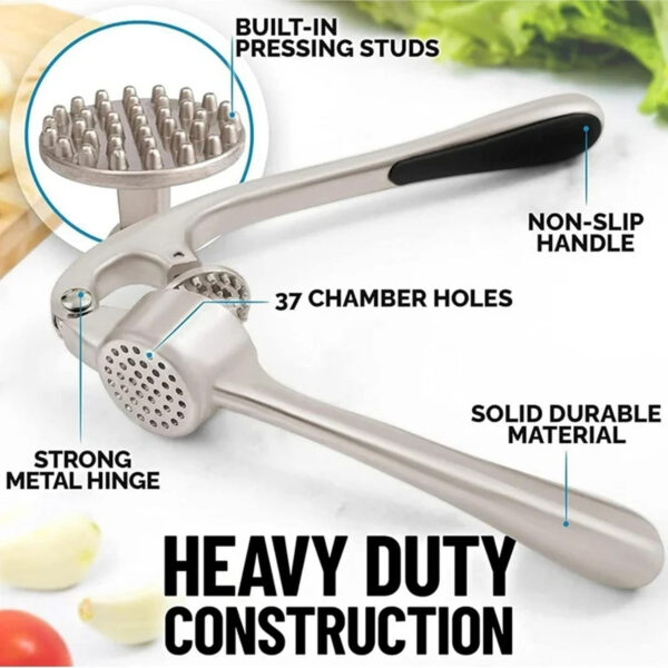 Close-up of heavy-duty zinc alloy garlic press handle and ergonomic design