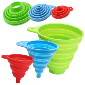 Set of 3 collapsible silicone kitchen funnels in assorted sizes and colors