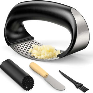Stainless steel arc garlic press set with silicone peeler and cleaning brush