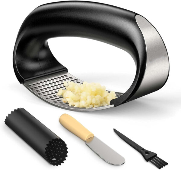 Stainless steel arc garlic press set with silicone peeler and cleaning brush