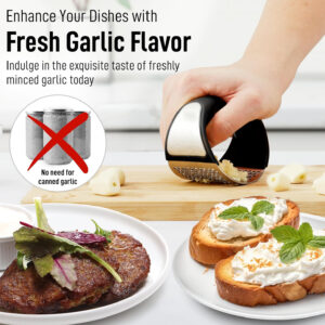 Close-up of arc-shaped garlic press crushing garlic cloves