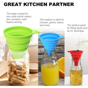 Pouring oil into a bottle using large collapsible silicone funnel