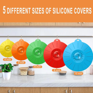 Reusable silicone food lids placed on kitchen counter with cookware