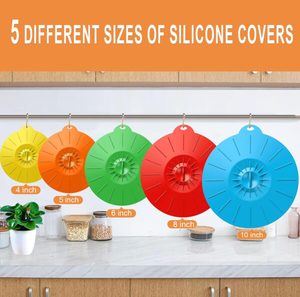 Reusable silicone food lids placed on kitchen counter with cookware