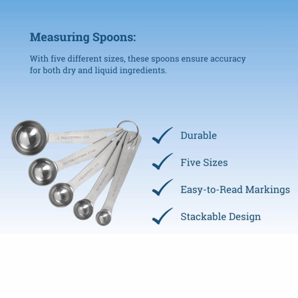 Dishwasher-safe stainless measuring spoon next to dry ingredients
