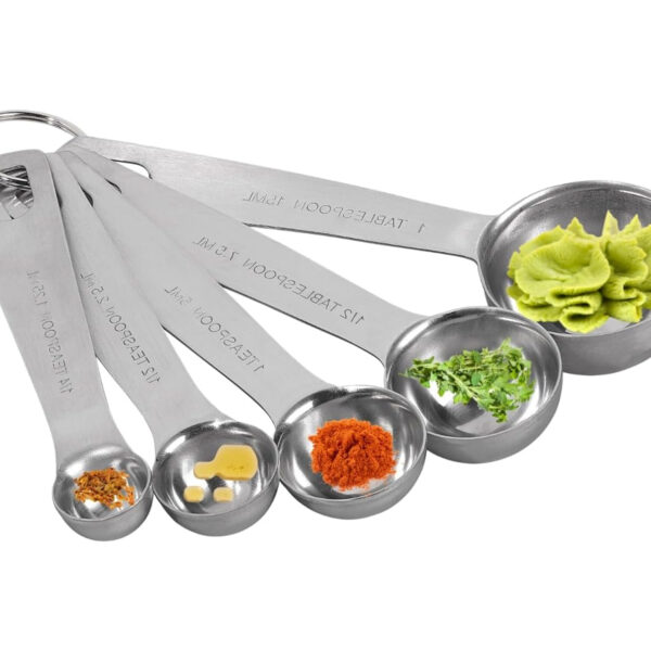 1 tablespoon stainless spoon filled with olive oil on a kitchen counter